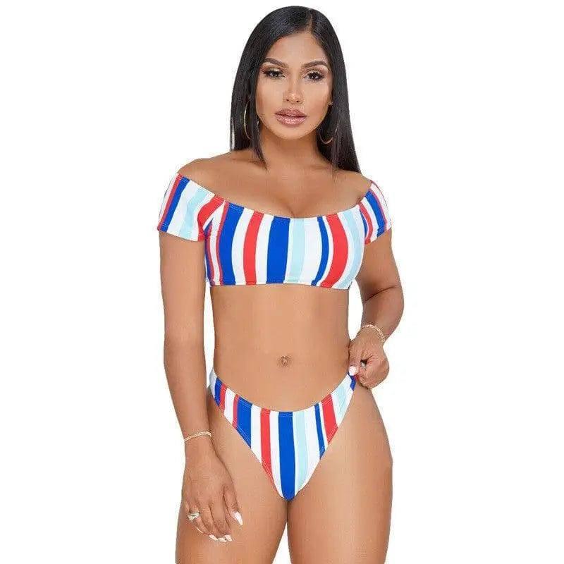 Split Bikini Striped Two-piece Swimsuit-Blue-2