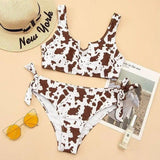 Split Cow Print Bow Bikini Swimsuit Women-Brown-6