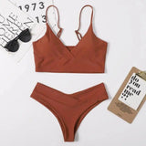 Split Solid Color Lady Sexy High Waist Triangle Bikini-Coffee-2