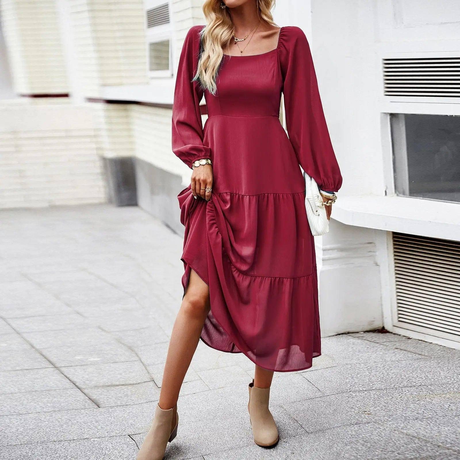 Square Collar Dress Female Temperament Elegant Dress-Burgundy-5