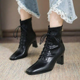 Square Toe High Heel Boots PU Leather Women Ankle Boots-1