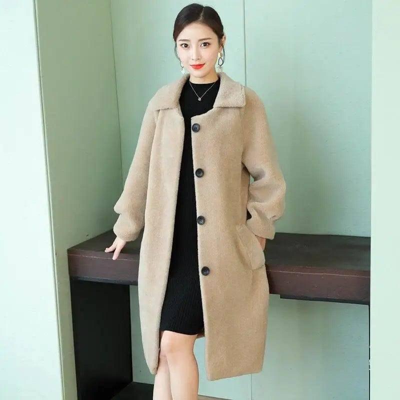 style sheep shearing coat women loose fur coat-Gong Beige-1