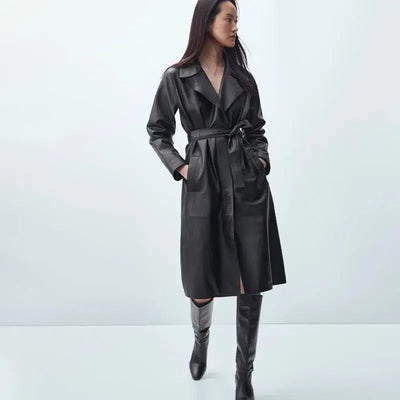 Stylish Belted Faux Leather Trench Coat-1