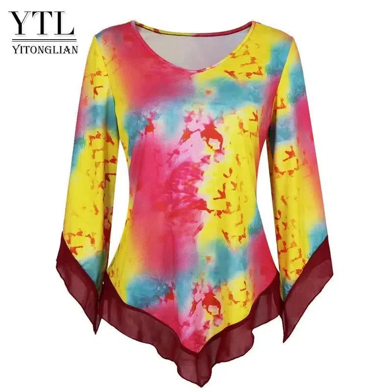 Yitonglian Trending Style Plus Size Women Blouse Summer Round Neck Flare Sleeve Irregular Loose Casual Tops Shirt H433-Yellow-7