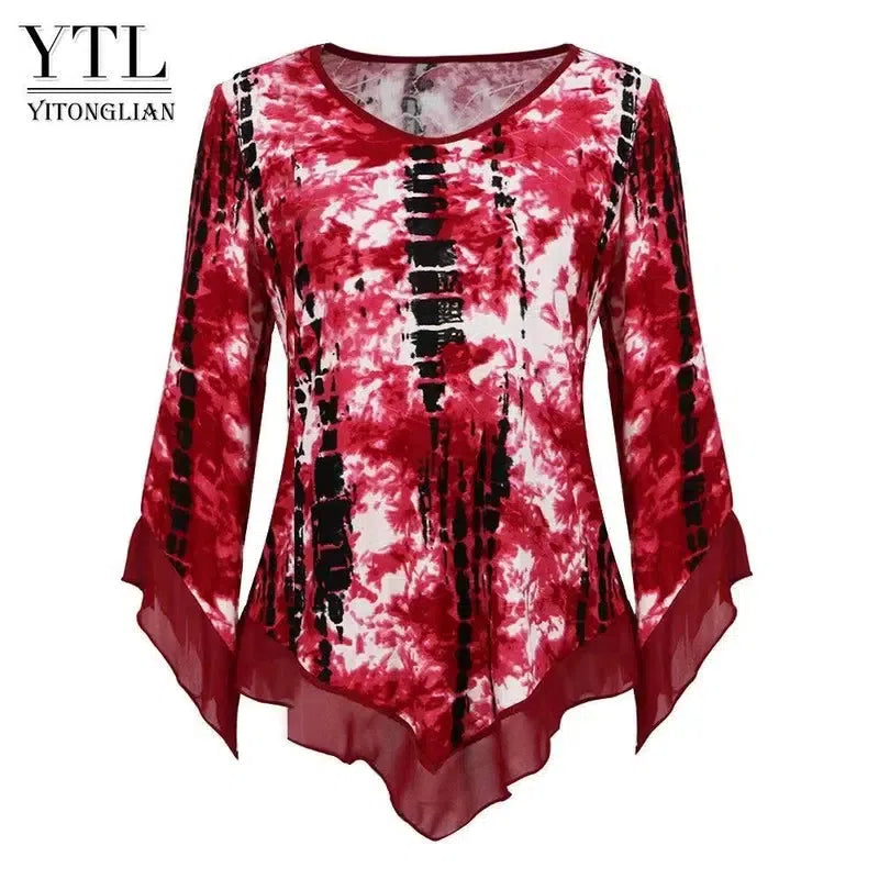 Yitonglian Trending Style Plus Size Women Blouse Summer Round Neck Flare Sleeve Irregular Loose Casual Tops Shirt H433-Red-8