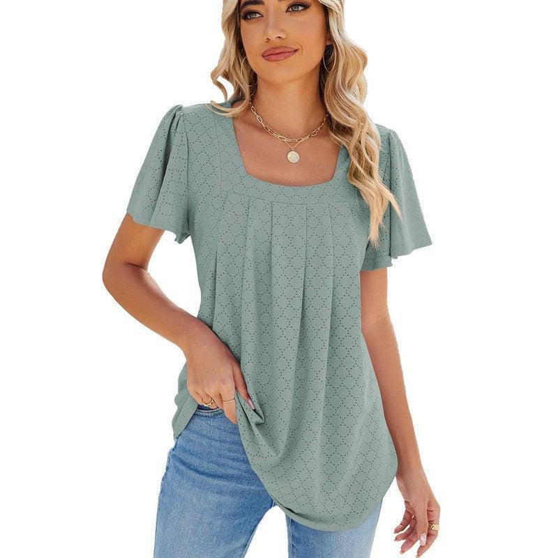 Summer Square Neck Pleated Short-sleeved T-shirt Loose Solid-Dark Green-4