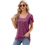 Summer Top Fashion Square Neck Printed Short-sleeved T-shirt-Purple Red-13