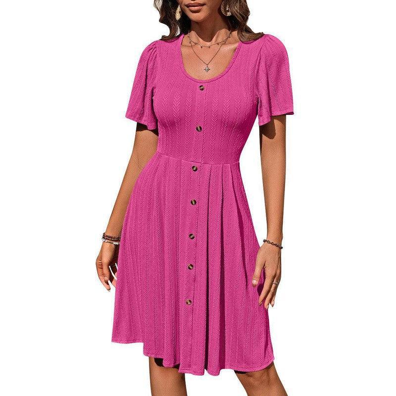 Summer U-neck Short-sleeved Dress With Button Design Fashion-Pink-6