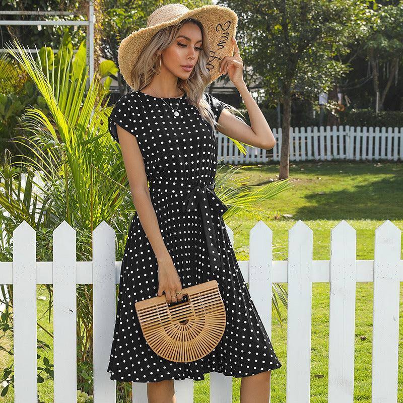 Summer Women Polka Dot Short Sleeve Dress Casual Bandage-Black-6