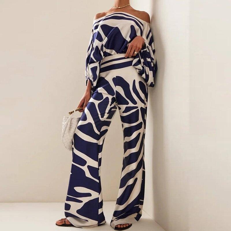 Ladies' Off-Shoulder Jumpsuit-Blue Stripes-1