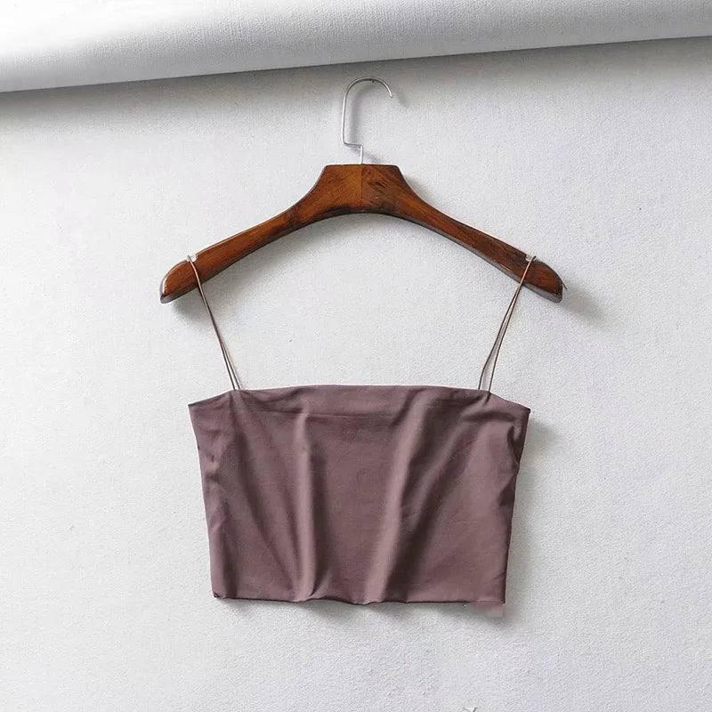 Summer Women's Crop Top Elastic Cotton Camis sleeveless-Brown-10