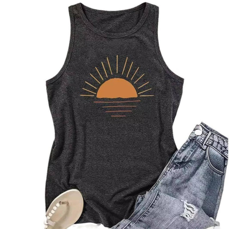 Sunrise Printed Round Neck Vest Spring And Summer Casual-5