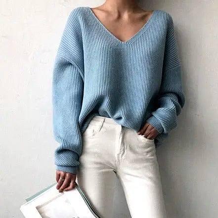 Sweater Black Loose V Neck Sweater Pullover-Blue-3