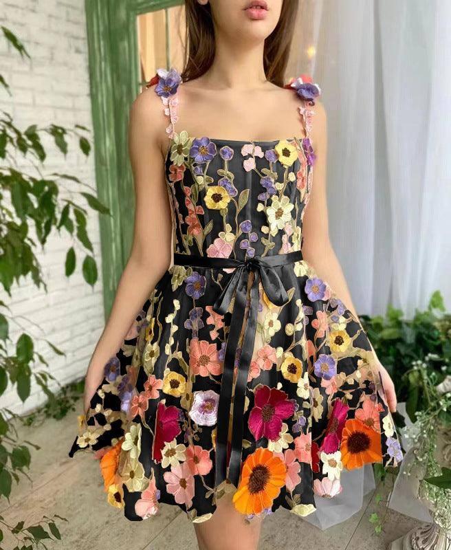 3D Floral Embroidered Dress for Summer Style-Black Flower-5