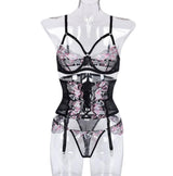 Three Pieces Female Sexy Lingerie Love Embroidery Girdle-4