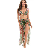 Tropical Print Ruffled Lace-up Three-piece Bikini Maxi Dress-Green-1