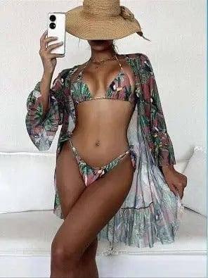 Tropical Triangle Bikini Swimsuit Kimono-Brown-4