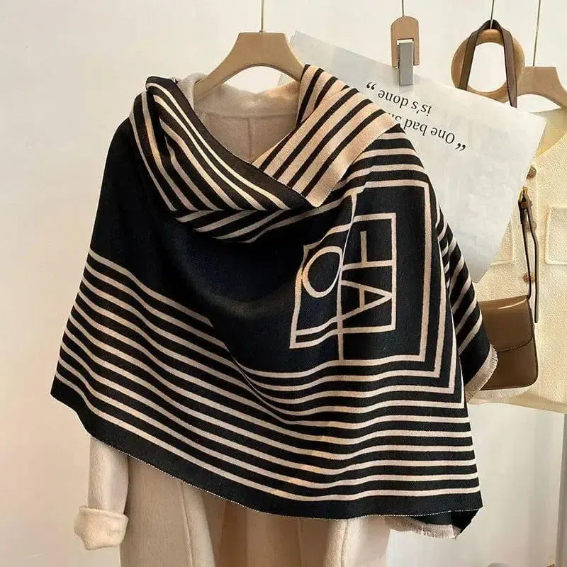 Two-color Cashmere Thickened Scarf Air Conditioner Shawl-Black-3