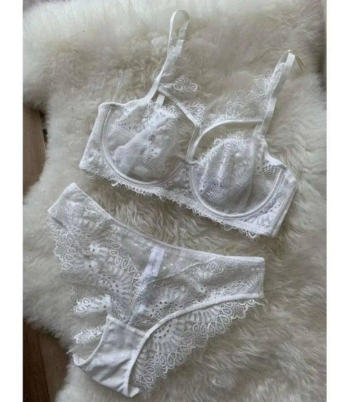 Embroidered Lace Bra Set-White-3