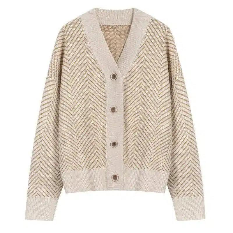 V Neck Diamond Striped Lazy Style Literary Knit Cardigan-Beige-1