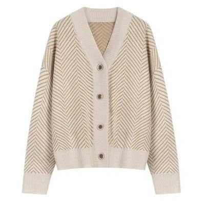 V Neck Diamond Striped Lazy Style Literary Knit Cardigan-Beige-1