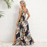 V-neck Floral Print Long Dress Summer Fashion Waist Tie Slit Design Sleeveless Dress For Womens Clothing-3