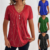 New V-neck Printed Button T-shirt Summer Fashion Leisure Short-sleeved Top Womens Clothing-1