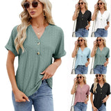 V-neck Rolled Hem Short-sleeved Top Summer Fashion Button-10