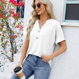 V-neck Rolled Hem Short-sleeved Top Summer Fashion Button Hollow Design Loose Casual T-shirt Womens Clothing-2