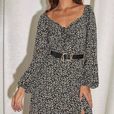 Vintage Small V-Neck Long-Sleeved Floral Dress-1