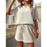 New Waffle Suit Women's Bat Sleeve Short-sleeved Crew-neck Top And Drawstring Design Shorts Fashion Two-piece Set Summer Clothing-Beige-7