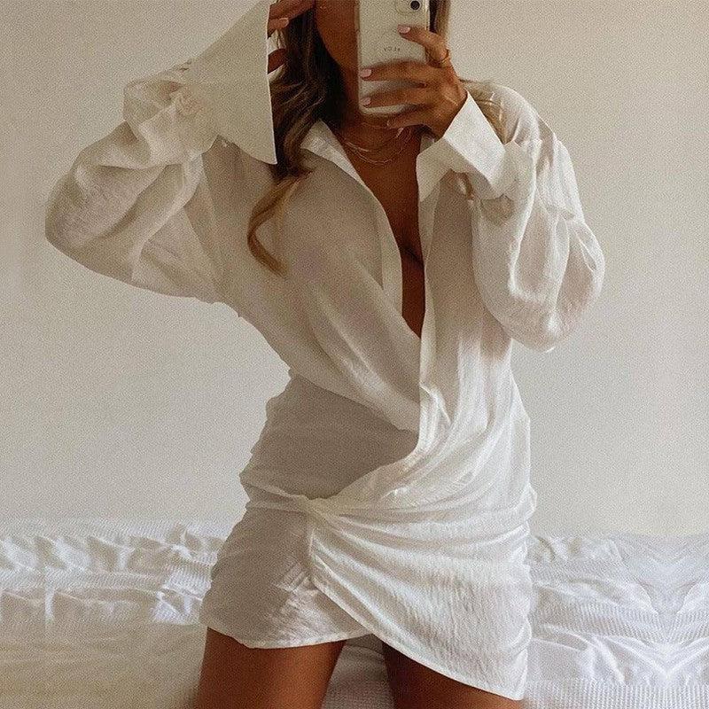 White Long-sleeved V-neck Shirt INS Fashion Linen Short-3