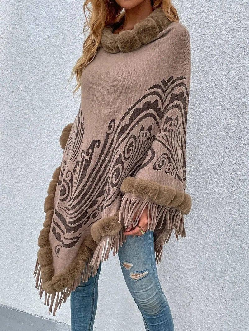 Winter Fur Collar And Fringed Shawl-Khaki-2