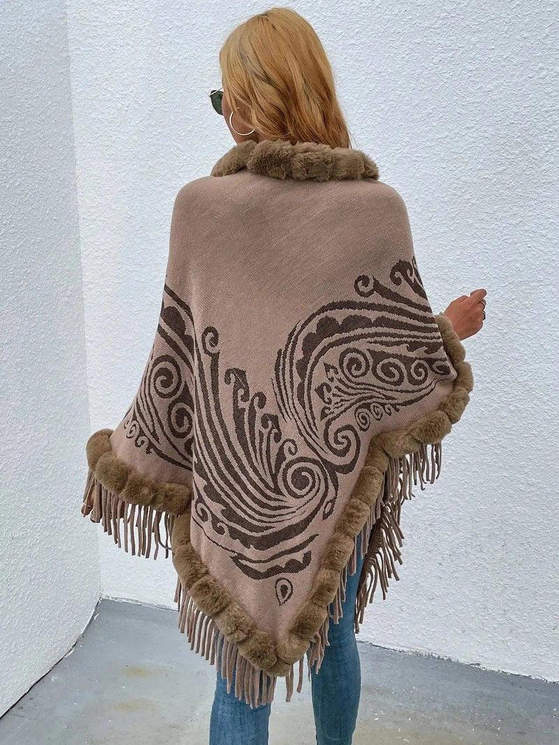 Winter Fur Collar And Fringed Shawl-Khaki-4