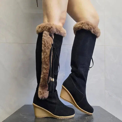 Winter Plush Long Boots For Women Combat Boots Wedges Shoes-5