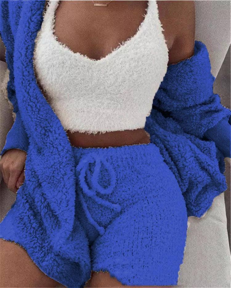 Winter Women Home Wear Suit Casual Pajamas Set Lady Female Soft Warm Long Sleeve Exposed Navel Vest Shorts Set-Dark Blue-14