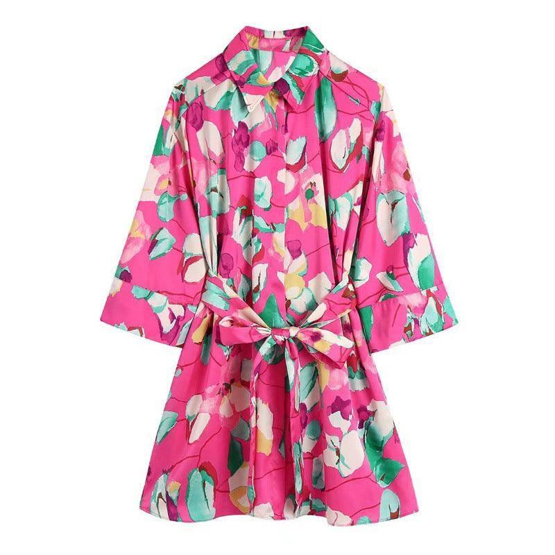 Women Dress Traf Fashion With Belt Floral Print Mini Dress-5