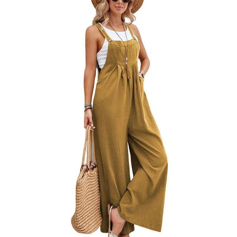 Women Long Bib Pants Overalls Casual Loose Rompers Jumpsuits With Pockets-Earthy yellow-11