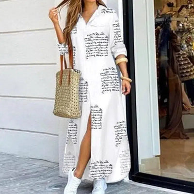 Women Long Sleeve Shirt Dress Printed-White-4