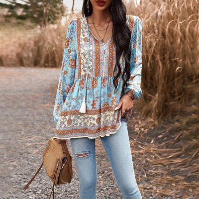 Women's Casual Printed Long-sleeved Top-Blue-7