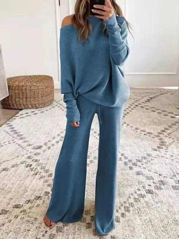 Women's Casual Solid Color One Shoulder Ladies Knit Suit-Blue-6