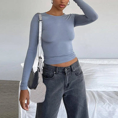 Women's Clothing Fashion Slim Long-sleeved Pullovers Tops Solid Causal Fit Shirts-Bluegrey-8