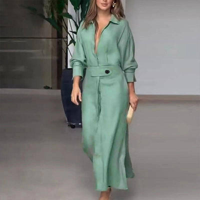 Women's Elegant Tied Solid Color Waisted Long-sleeved Shirt Dress-Light Green-10