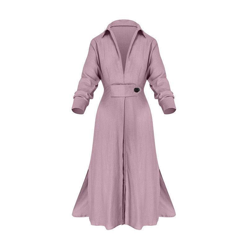 Women's Elegant Tied Solid Color Waisted Long-sleeved Shirt Dress-Pink-11