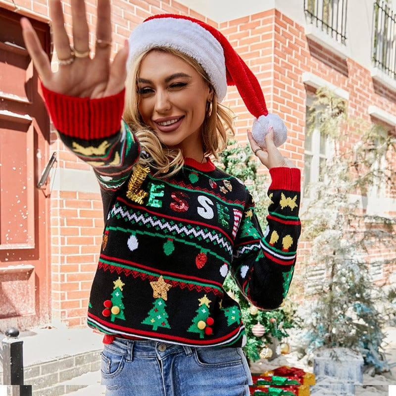 Women's Embroidered Sequin Long Sleeve Christmas Tree Knit-6