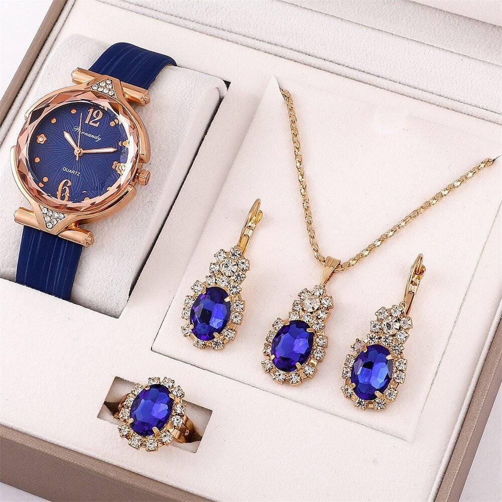 Women's Fashion All-match Diamond Belt Quartz Watch 4-piece-Blue 1-8