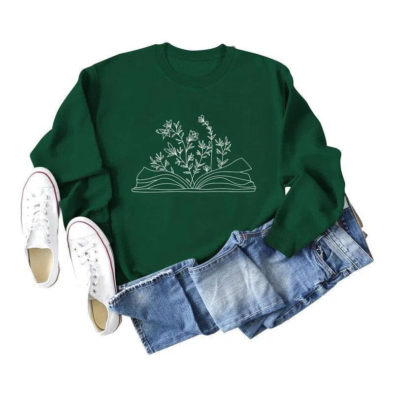 Women's Fashion Casual Book Botanical Pattern Long Sleeve-Dark Green White Font-4