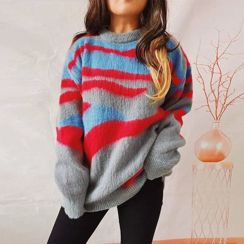 Women's Fashion Casual Irregular Striped Sweater-Red-7