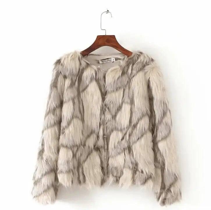 Women's Faux Fox Coat Short Fur-Khaki909-4