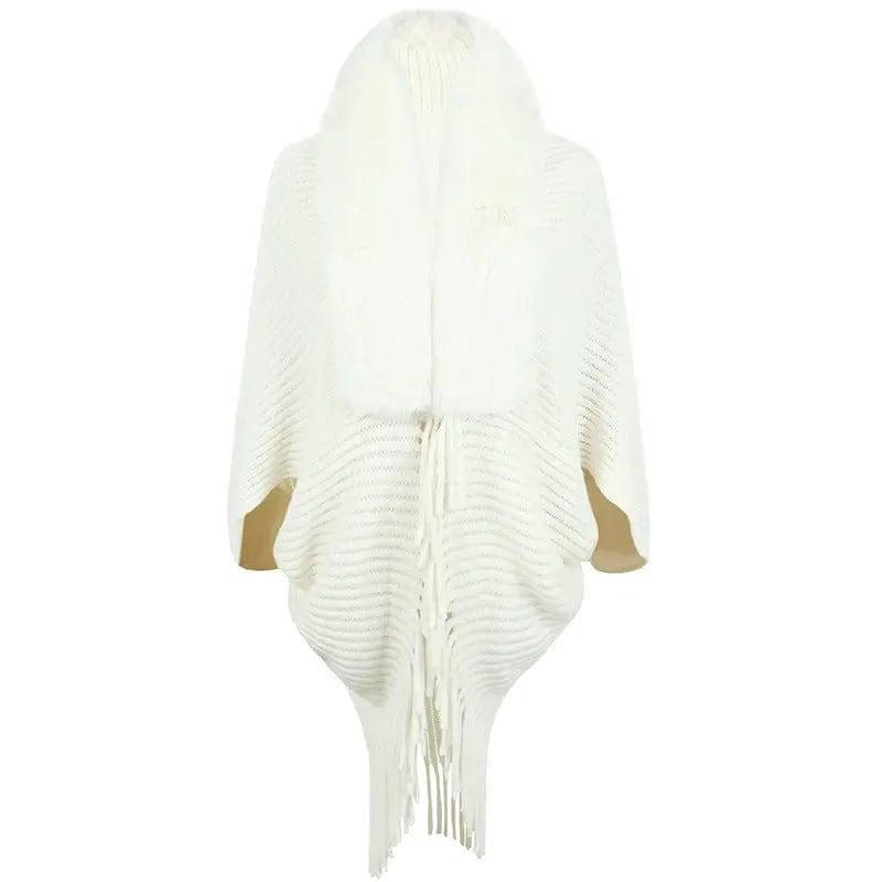 Women's Fur Collar Tassel Shawl Knitted-Beige-3